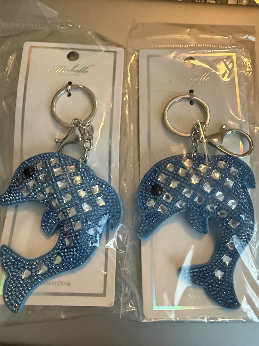 Set of 2 Blue Rhinestone Dolphin Keychains in Silver Tone NWT
